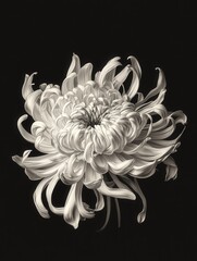a chrysanthemum in full bloom, with dramatic monochrome lighting emphasizing its natural depth and texture