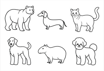 A set of six random animal vector line art designs. Simple collection. Isolated bundle on white background.