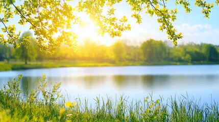 Fototapeta premium Bright Sunny Day at a Serene Lake Surrounded by Lush Green Trees