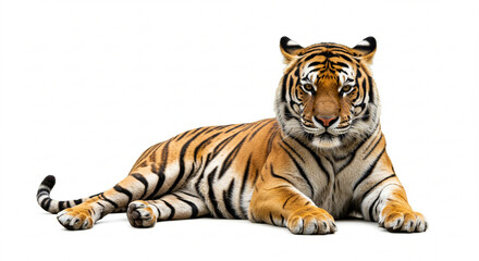 Fototapeta premium Isolated tiger on white background with striking orange and black stripes