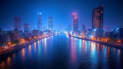 Obraz premium Skyscrapers and Streetlights, A Vibrant Nightscape.