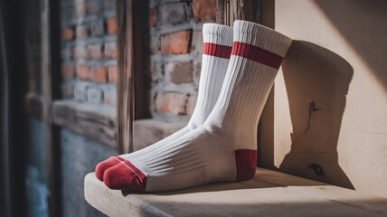A matching pair of white and red socks is resting on a shelf