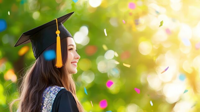 A joyful graduate in a cap and gown smiles, surrounded by colorful confetti and warm sunlight, celebrating a significant achievement.goal of life achievement learning. success,
