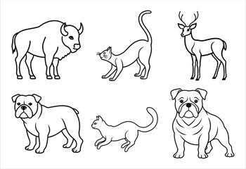 A set of six random animal vector line art designs. Simple collection. Isolated bundle on white background.
