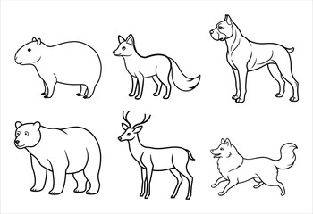 A set of six random animal vector line art designs. Simple collection. Isolated bundle on white background.