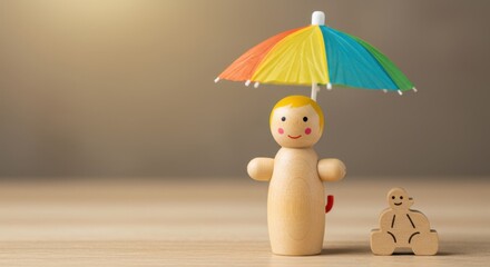 Wooden figure with rainbow umbrella and child on bike representing safety