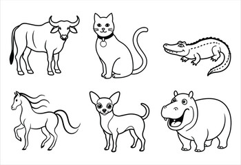 A set of six random animal vector line art designs. Simple collection. Isolated bundle on white background.