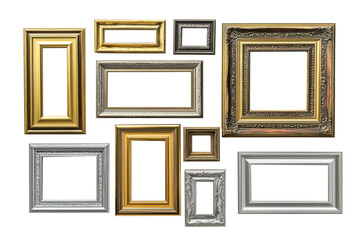 Collection of empty vintage frames on transparent background