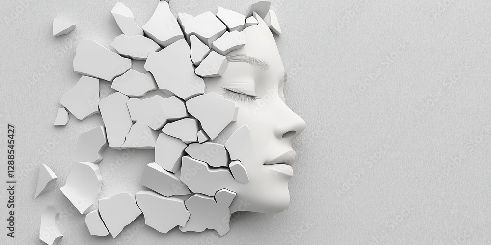 Poster a stylized sculpture of a face appears to be disintegrating into fragments against a smooth, light b