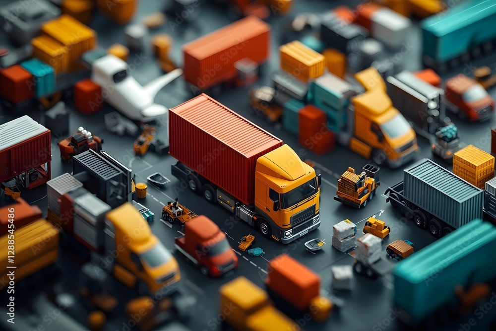 Poster comprehensive aerial view of sophisticated global logistics network in motion encompassing a vibrant