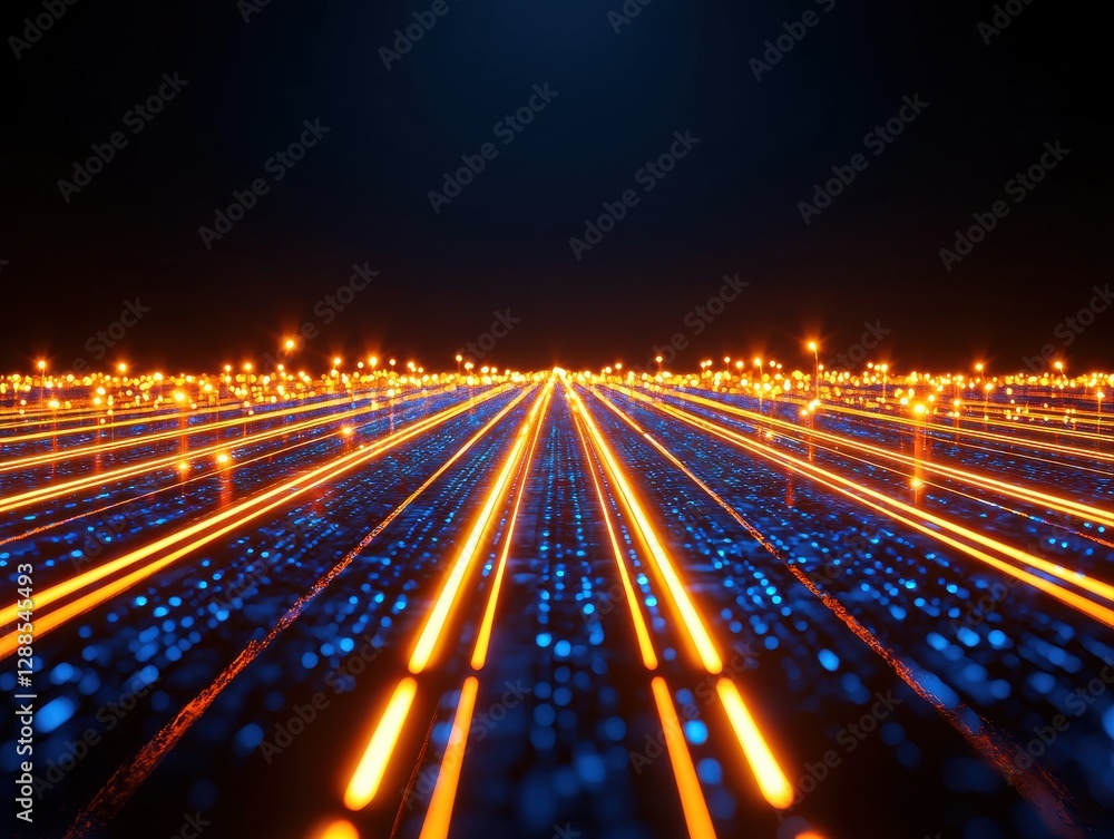 Poster a vibrant, abstract image featuring glowing lines in orange and blue, creating a sense of depth and 