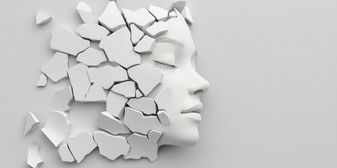 Fototapeta premium A stylized sculpture of a face appears to be disintegrating into fragments against a smooth, light background, symbolizing transformation and fragility.