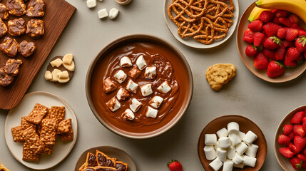 Fototapeta premium Chocolate fondue surrounded by an assortment of colorful snacks ready for dipping.