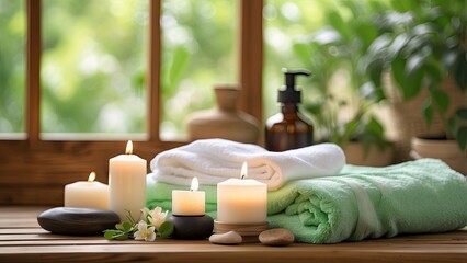 A serene spa setting featuring neatly folded towels