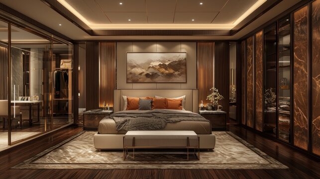 Modern luxury bedroom interior design with elegant empty wall space for personalized art, minimalist decor, and sophisticated customization ideas