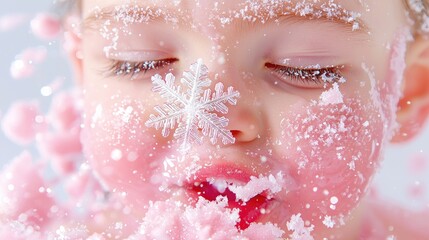 Fototapeta premium Baby playing with pink snow, winter fun, studio shot, holiday card