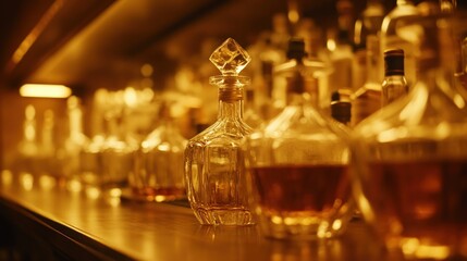 Crystal decanter, amber liquor, bar back, warm lighting, drinks menu