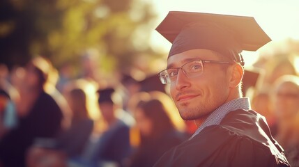 Fototapeta premium Graduate smiling, outdoor ceremony, crowd cheering, sunny day, education