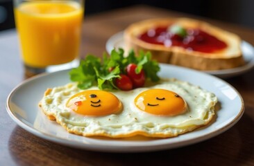 Fried eggs and toast with jam on a white plate, tasty breakfast serving
