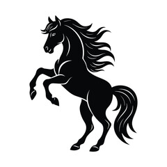 Dynamic Black and White Rearing Horse Silhouette with Flowing Mane and Tail, Perfect for Equestrian and Wildlife Designs