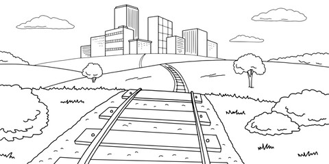 Obraz premium Railroad to the city graphic black white landscape sketch illustration vector