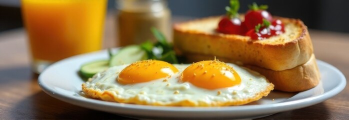 Fried eggs and toast with jam on a white plate, tasty breakfast serving