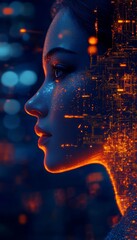 Futuristic digital artwork of a female face with glowing circuitry in a cyberpunk setting