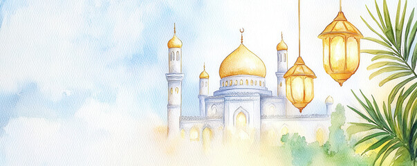 Watercolor mosque lantern palm blue gold religious Ramadan scenery