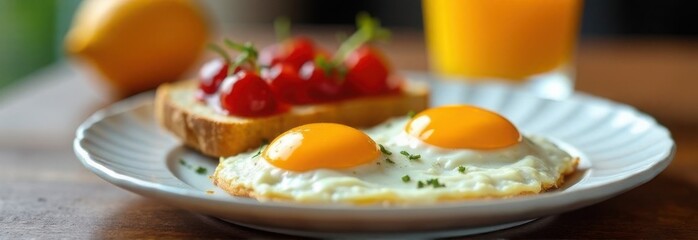 Fried eggs and toast with jam on a white plate, tasty breakfast serving