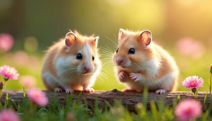 Two cute Syrian hamsters sitting on log among grass, pink flowers on sunny day. Rodents couple looks at camera, enjoying nature in spring garden, shallow depth of field.