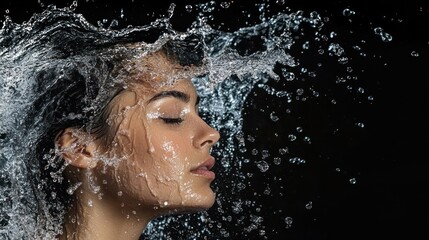 Woman, water splash, face, studio, black background, skincare ad
