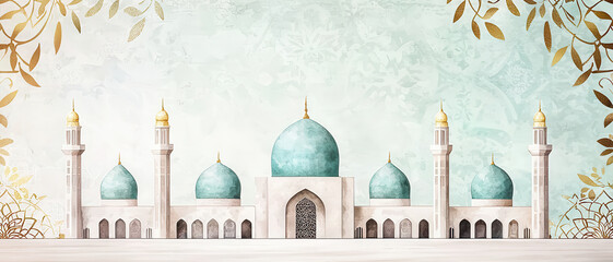 Fototapeta premium Islamic mosque teal dome minaret spiritual watercolor background