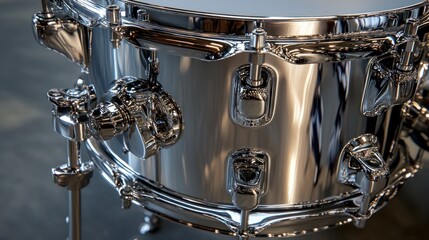 Chrome snare drum studio close-up, polished metal, music, advertisement
