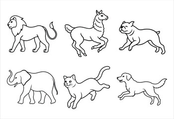 A set of six random animal vector line art designs. Simple collection. Isolated bundle on white background.