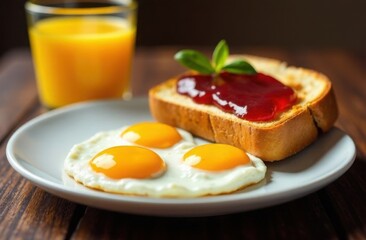 Fried eggs and toast with jam on a white plate, glass of orange juice, tasty breakfast serving