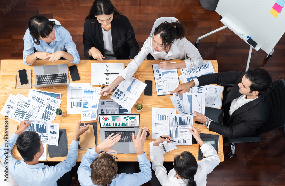 Poster panorama top view diverse group of business analyst team analyzing financial data report paper on me
