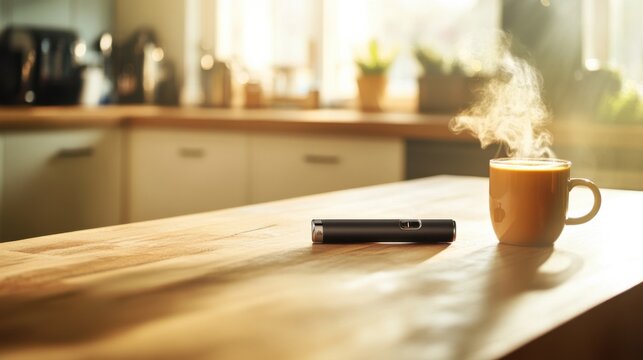 Vaping device placed on a wooden countertop with a steaming cup of coffee. Featuring comfort and simplicity