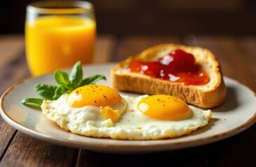 Fried eggs and toast with jam on a white plate, glass of orange juice, tasty breakfast serving