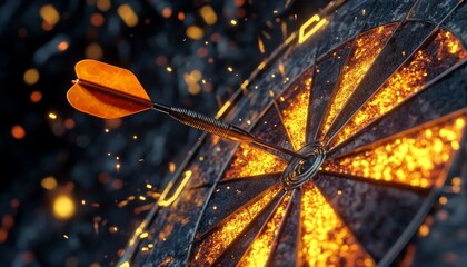 Cinematic shot of a high tech dartboard with molten lava cracks and glowing orange hues