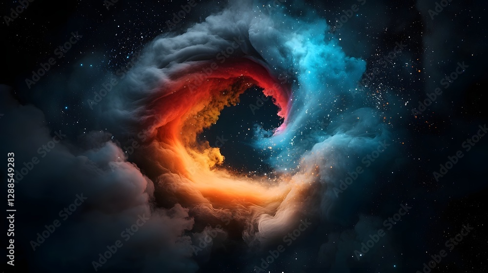 Poster cosmic wormhole swirling and pulling in bright stardust energy and matter into the infinite depth an