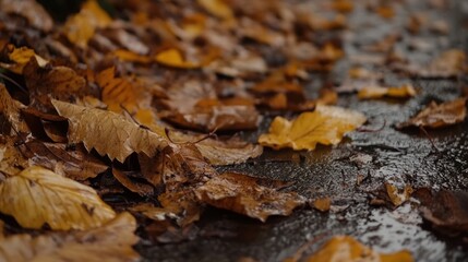 Autumn leaves, wet path, rain, forest background, nature blog