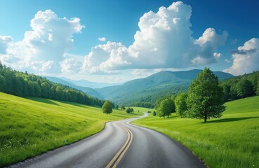Naklejka premium Winding road stretches ahead, flanked by green trees, hills under blue sky. Asphalt road curves through scenic countryside. Journey, travel, adventure concept. Explore nature outdoors highway road.