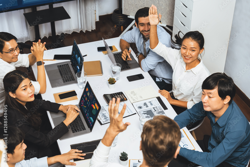 Poster office worker raise hand up asking for question during business meeting on data analysis using bi or