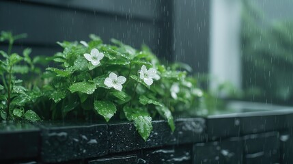 White flowers in rain, dark stone wall, garden, peaceful