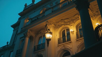 Fototapeta premium Elegant mansion, twilight, city, ornate facade, warm lighting, real estate