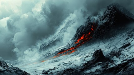 Dramatic volcanic landscape with flowing lava amidst dark clouds and rugged mountains in the background