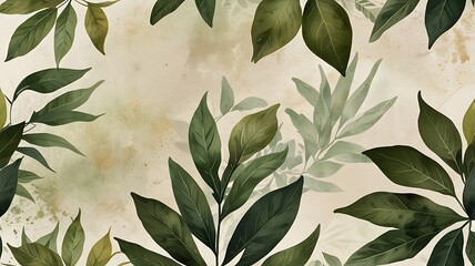 Watercolor Illustration of Lush Green Leaves on Beige Background