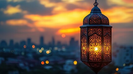 Selective focus on big lantern with dusk sky and city bokeh light background for the Muslim feast of the holy month of Ramadan Kareem