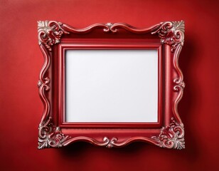 Decorative red frame against a textured red wall for artistic display, empty frame mockup