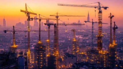 Cityscape construction sunset cranes urban development